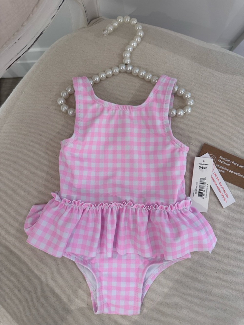 🤍 3~6 Mth Pink Gingham Ruffle Baby One-Piece Swimsuit NWT